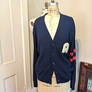 Vintage Letter Jacket Collegiate Varsity Cardigan Button Sweater Blue Red Stripe